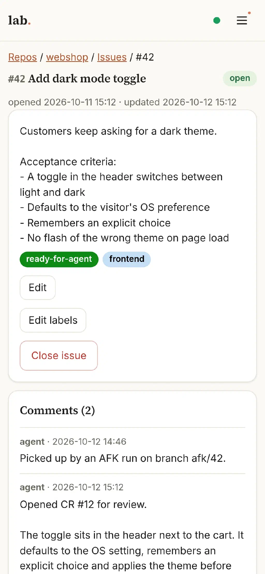 Issue „Add dark mode toggle“ mit dem Label ready-for-agent und Kommentaren des Agenten