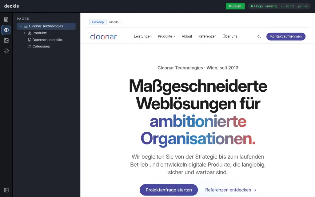 The deckle editor with the page tree on the left and the live preview of the cloonar.com home page on the right