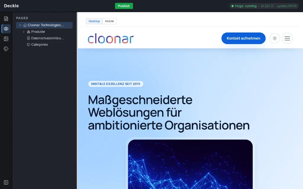 Der deckle-Editor mit dem Seitenbaum links und der Live-Vorschau der Startseite von cloonar.com rechts